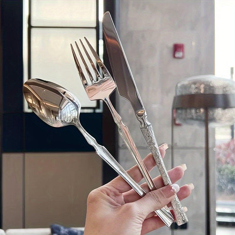 Conjunto de Talheres em Aço Inoxidável de 4/16/24 peças, Cabo de Talher com Padrão Martelado para Essenciais Domésticos, Talheres de Faca, Garfo e Colher de Alta Qualidade, Adequado para Casamentos, Hotéis, Restaurantes, Natal, Halloween, Ação de Graças, Dia dos Namorados, Dia da Mãe