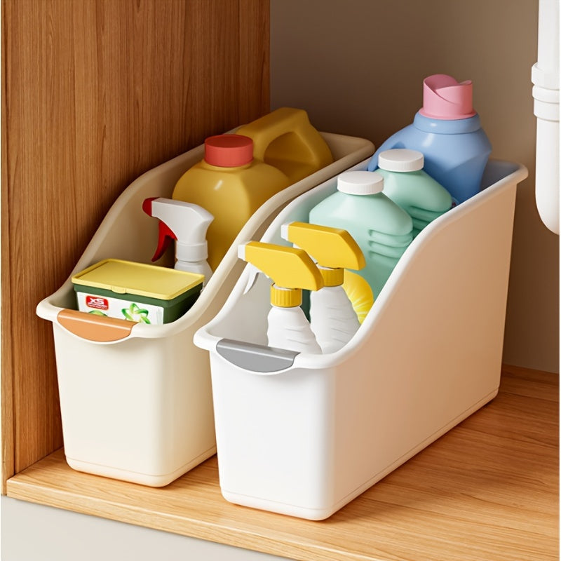 2 unidades de conjunto de caixas de armazenamento multifuncionais de plástico, design curvo para organização doméstica, ideal para produtos de limpeza e itens essenciais domésticos, caixas de armazenamento para organização doméstica, cestos, caixas e recipientes para organização doméstica