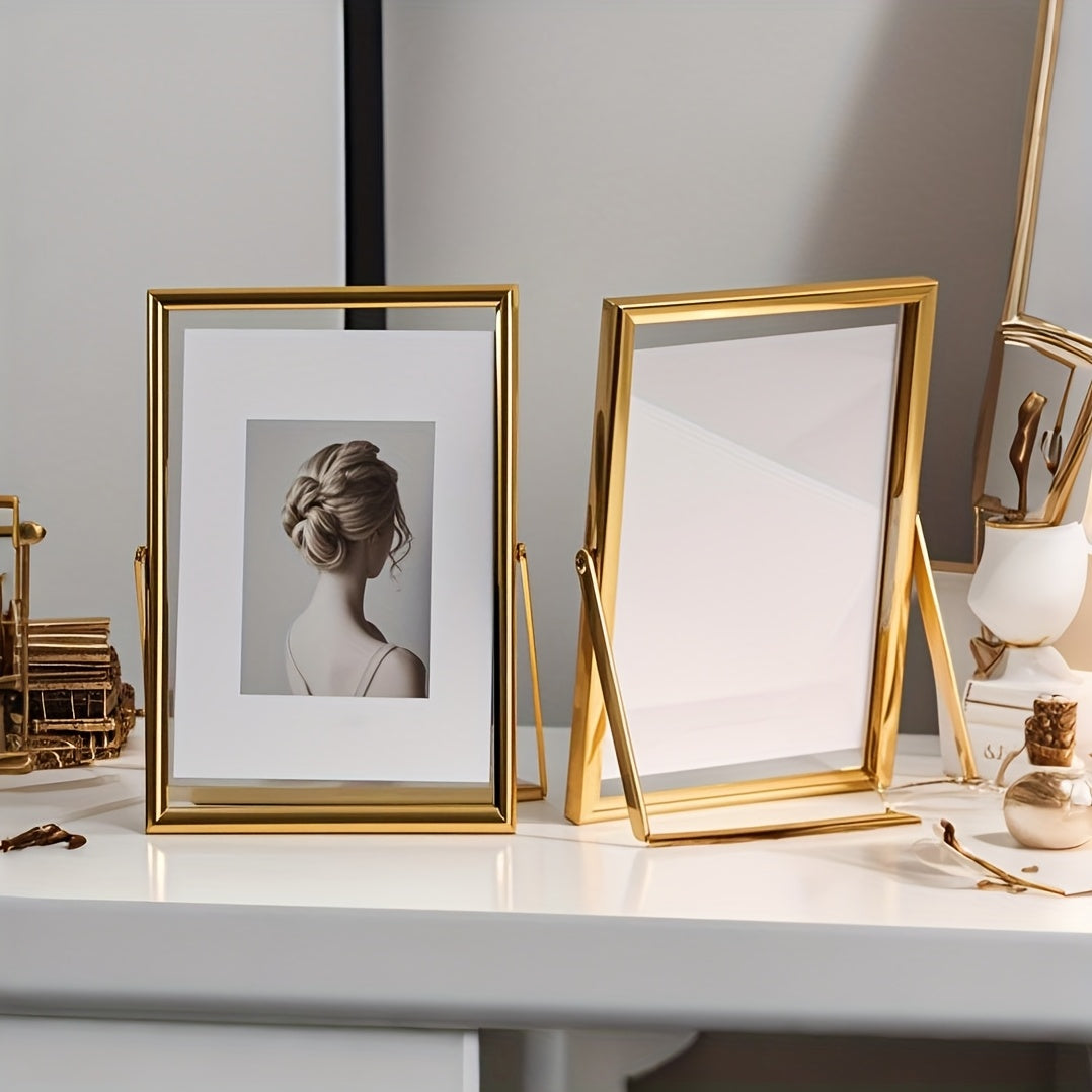 Porta-retratos de Vidro Flutuante Dourado Estilo Instagram em Tamanho de 6, 7 e 25.4 cm com Estrutura de Ferro e Metal Giratória, Ideais para Fotos Retrato ou Como Presentes Festivos