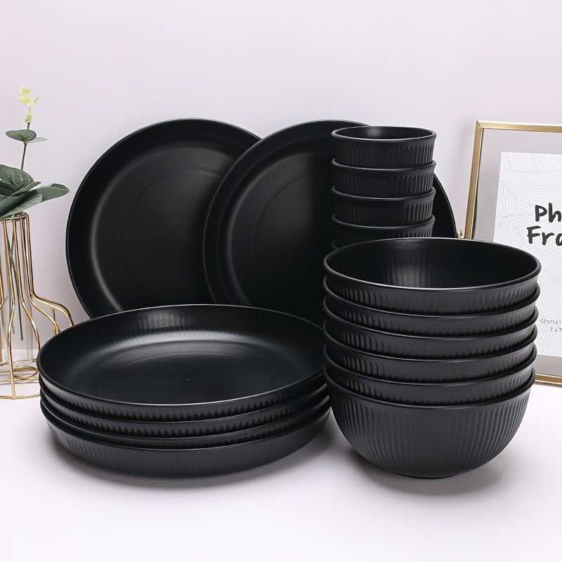 Conjunto de Louça de Palha de Trigo Preta de Alta Qualidade - Inclui Pratos, Tigelas & Copos para Uso Doméstico