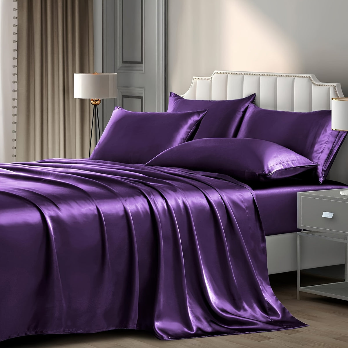 3/4 Peças de Lençol de Cetim - Cobertor de Cama Macio e Respirável, Luxuoso, Adequado para Quarto, Ajustável a Camas, Opções de Cores Múltiplas (Lençol, Cobertor Ajustável e Fronhas)