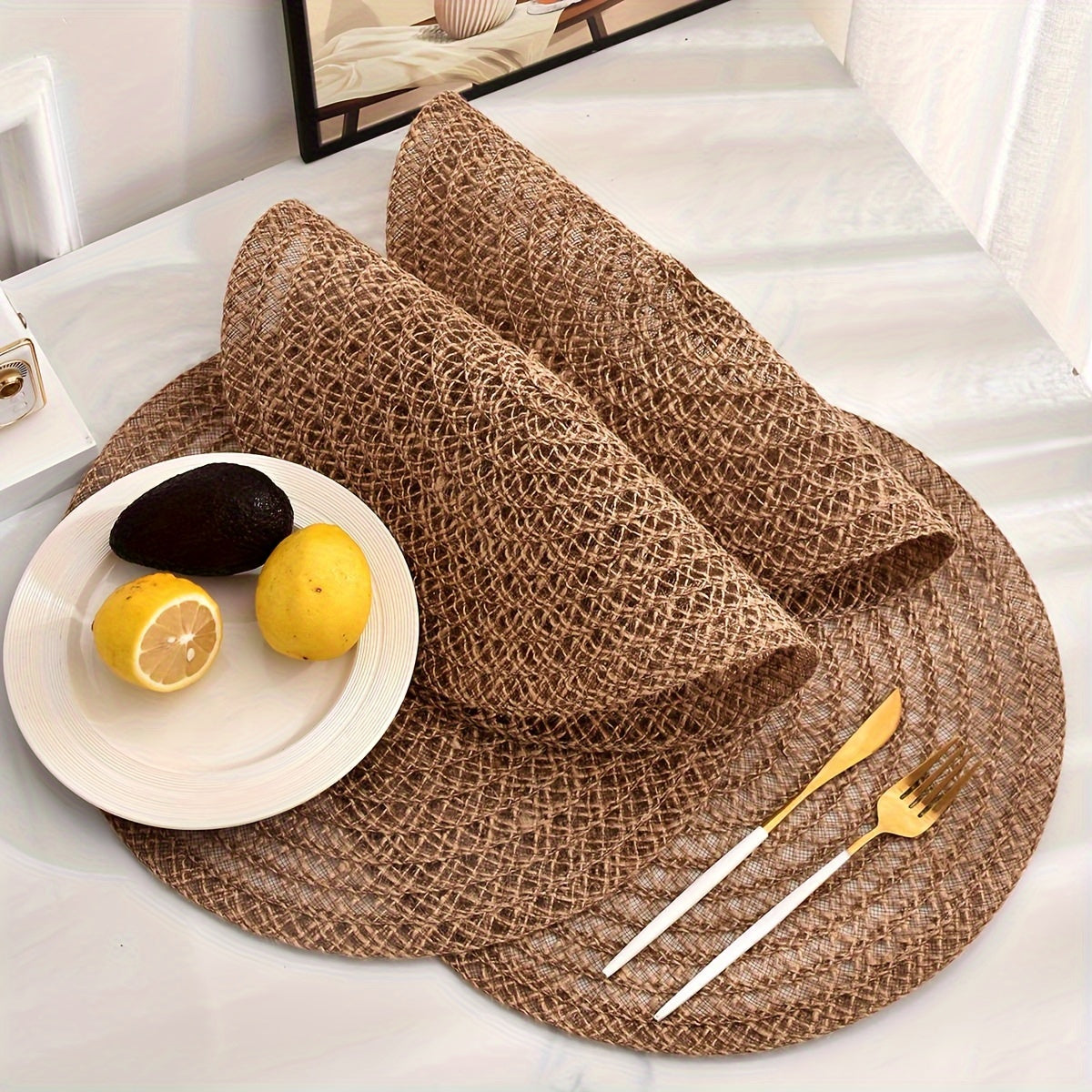 4 Peças de Descanso de Copos Redondo Antiderrapante Nórdico, Jogo Americano, Acessórios de Cozinha, Descanso de Mesa para Jantar, Design Trançado Boho para Mesa de Jantar & Festa de Natal, Guardanapo para Restaurante, Festa, Hotel, Casa de Campo, Decoração de Mesa para Reunião Familiar