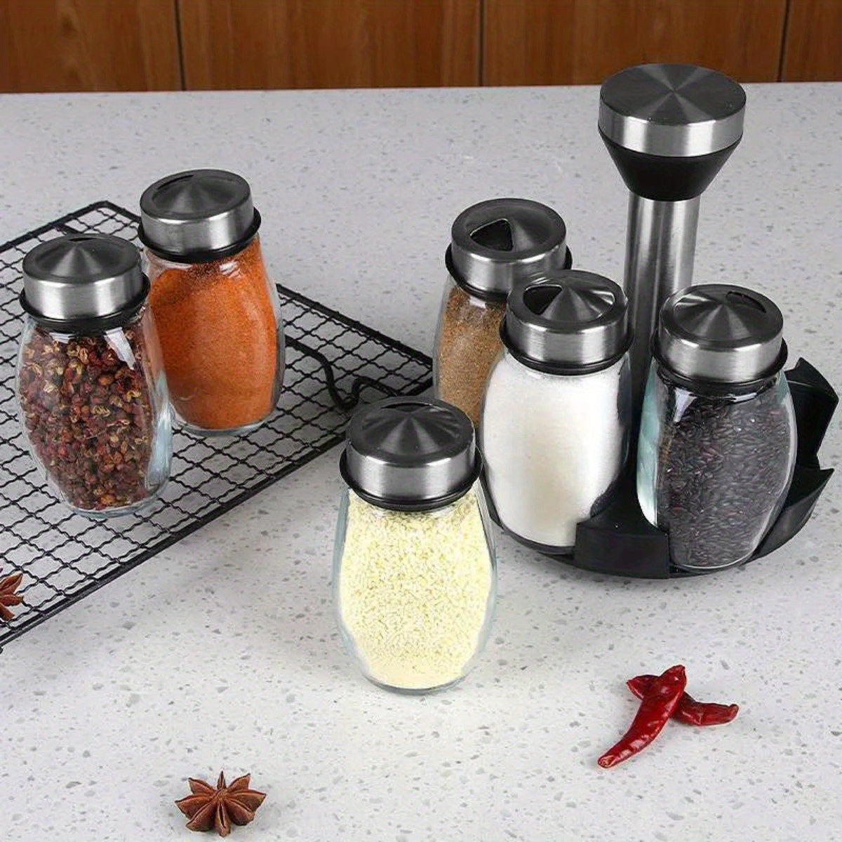 Conjunto de 7 Peças de Potes de Especiarias com Suporte Organizador de Vidro Rotativo para Temperos, Açúcar, Pimenta, Salva-tempos e Suporte de Armazenamento de Cozinha