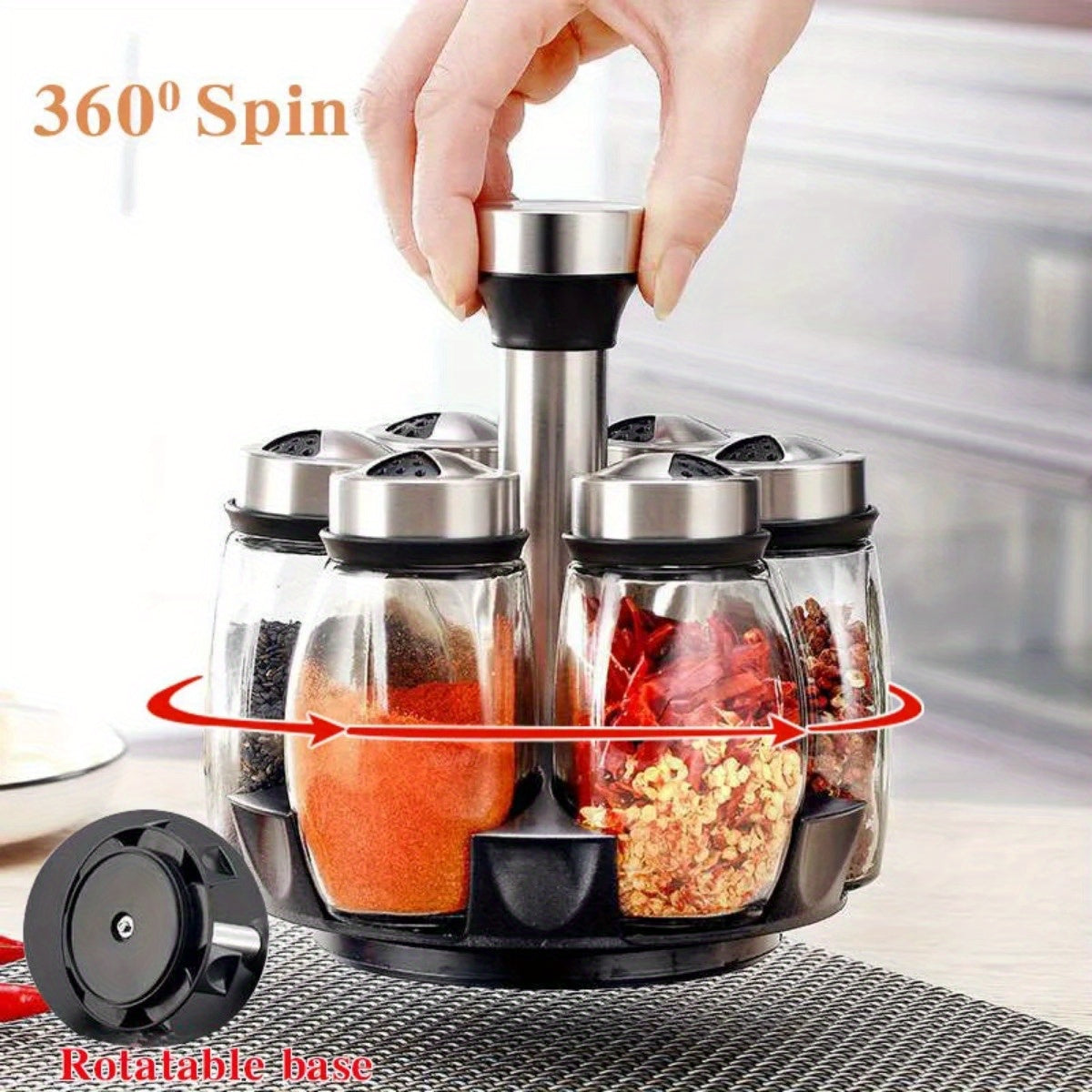 Conjunto de 7 Peças de Potes de Especiarias com Suporte Organizador de Vidro Rotativo para Temperos, Açúcar, Pimenta, Salva-tempos e Suporte de Armazenamento de Cozinha