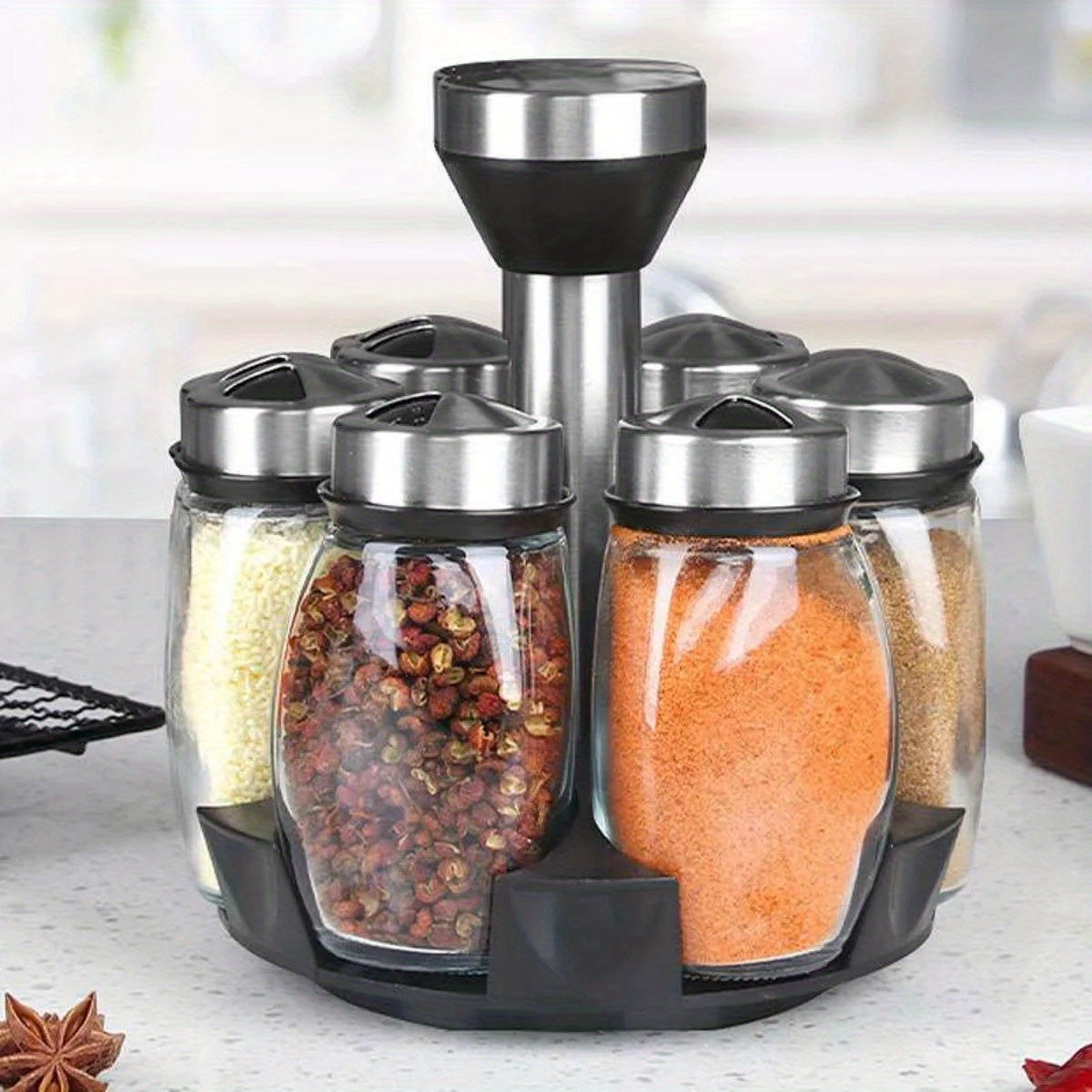 Conjunto de 7 Peças de Potes de Especiarias com Suporte Organizador de Vidro Rotativo para Temperos, Açúcar, Pimenta, Salva-tempos e Suporte de Armazenamento de Cozinha