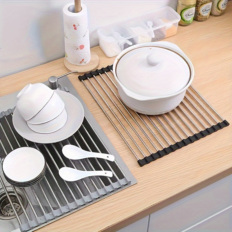 1pc Escorredor de Louça Deluxe em Aço Inoxidável | Economizador de Espaço, Multifuncional, Design para Colocar Sobre a Pia, Portátil, Enrolável, Anti-Ferrugem, Fácil de Limpar, Organizador de Pia de Cozinha - Perfeito para Cozinhas Pequenas