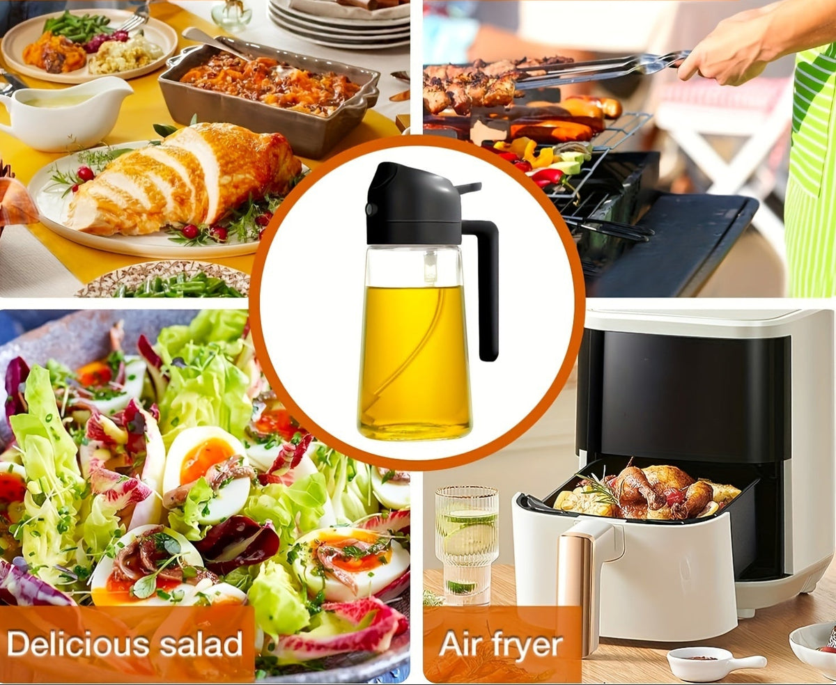 Frasco de óleo portátil 2 em 1 com spray e bico dosador | Pulverizador e dosador de azeite, 470ml, em plástico, ideal para cozinhar, grelhar, fritadeiras elétricas, assar e preparar saladas.
