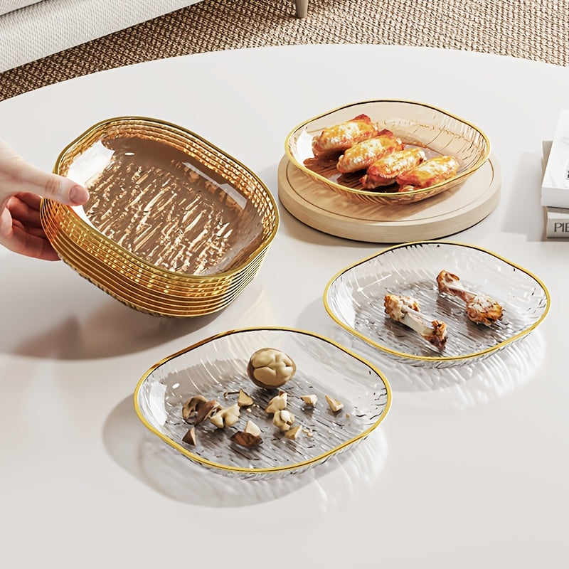 Conjunto de 4 Pratos Elegantes Transparentes para Snacks e Fruta com Borda Dourada, Fabricados com Materiais de Alta Qualidade para Alimentos, Formato Oval, Perfeitos para Refeições Familiares, Convívios e Todas as Estações, Adequados para Fruta, Snacks e Pratos de Servir.