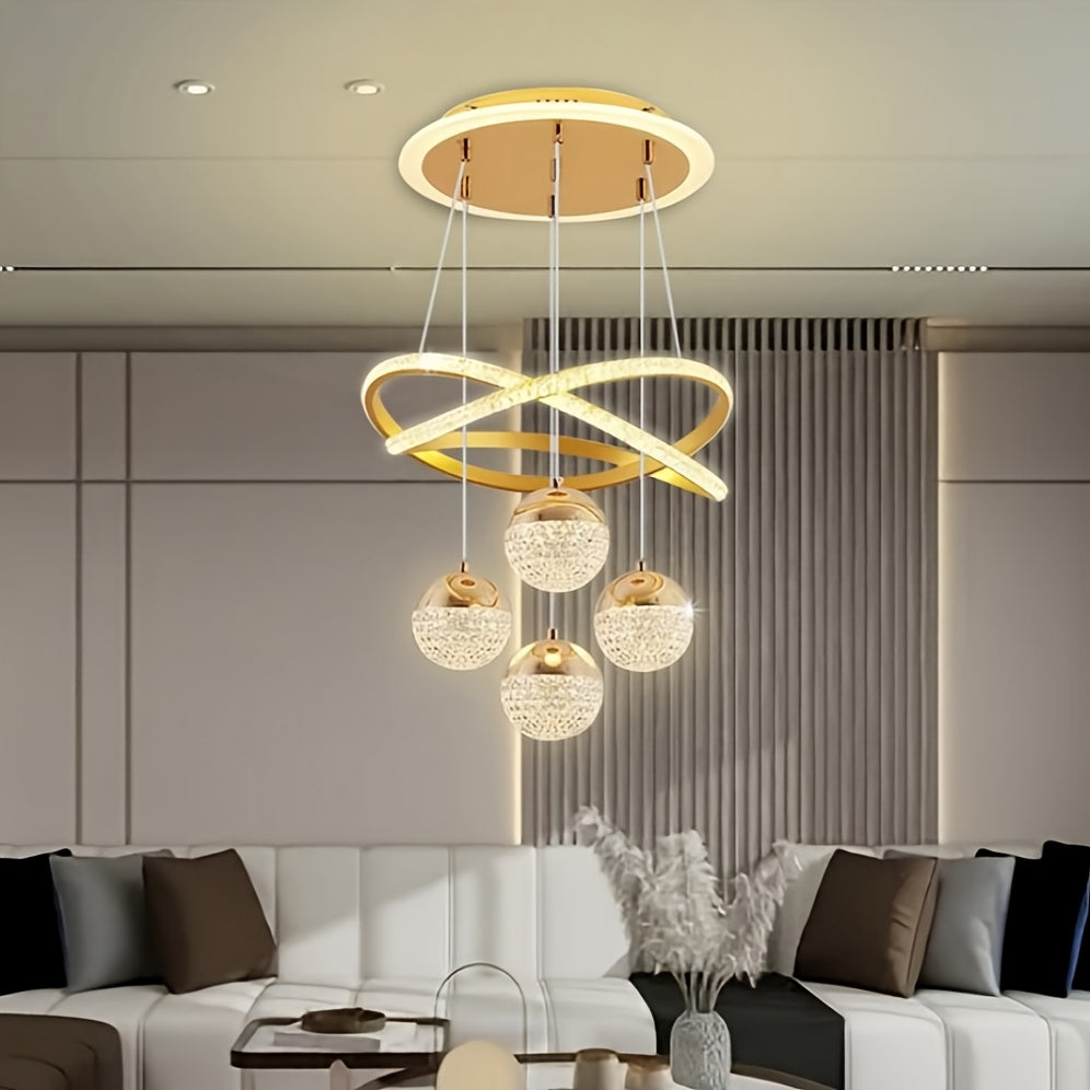 Luminoso, Elegante, de Alta Qualidade, Moderno, Simples, de Luxo Leve, Base de 4 Bolas LED, Anel Luminoso, Linha de Suspensão Ajustável, Processo de Eletroplaca, Adequado para Sala de Estar, Quarto, Estudo, Corredor, Sala de Jantar, Bar, Luz Pendente, Luz Pendente Suspensa, Luz Pendente Interior