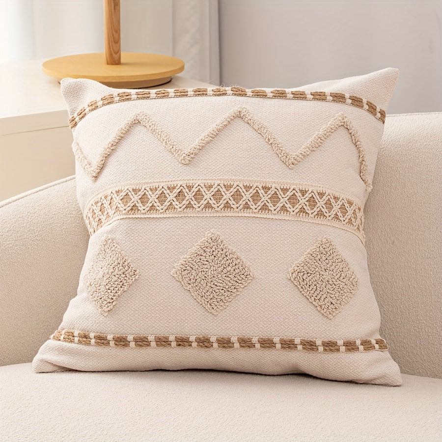 1pc Capa de Almofada Decorativa Bohemia Bordada - Design Geométrico Marroquino, 45.72x45.72 cm, Hipoalergênica para Sofá e Quarto, Fechamento com Zíper (Sem Enchimento), Tecido Texturizado Espesso, Decoração Rústica Champanhe para Sala e Quarto, Acessório para Cama ou Sofá