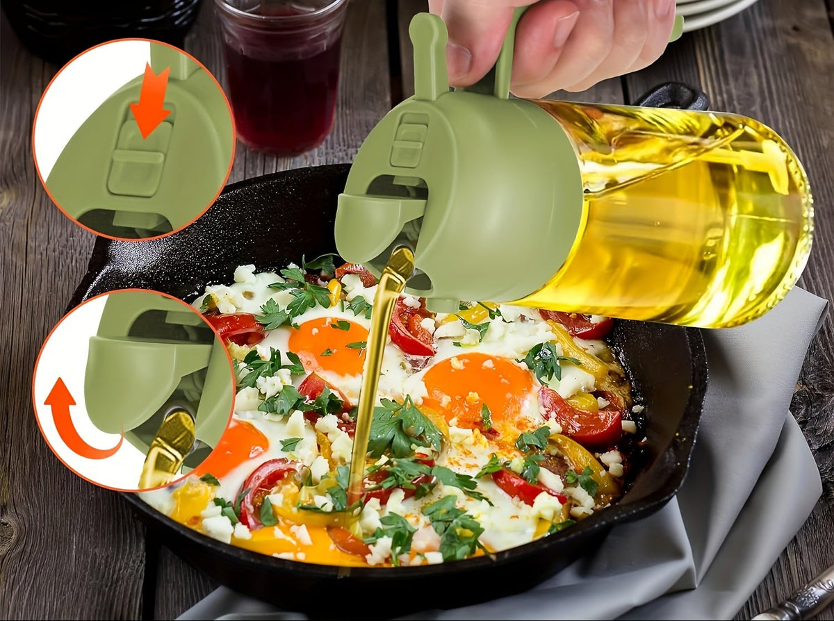 Frasco de óleo portátil 2 em 1 com spray e bico dosador | Pulverizador e dosador de azeite, 470ml, em plástico, ideal para cozinhar, grelhar, fritadeiras elétricas, assar e preparar saladas.
