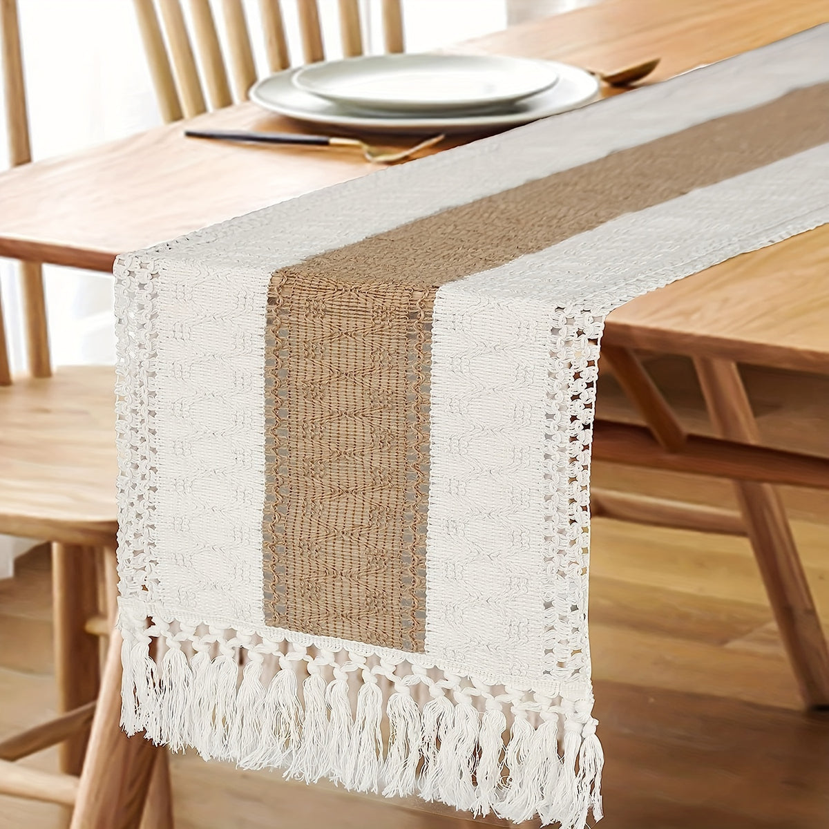 1 Caminho de Mesa Boho em Juta com Fio | Toalha de Mesa Comprida com Franjas de Borlas para Casamento, Festa, Feriado e Decoração de Jantar