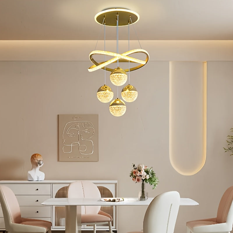 Luminoso, Elegante, de Alta Qualidade, Moderno, Simples, de Luxo Leve, Base de 4 Bolas LED, Anel Luminoso, Linha de Suspensão Ajustável, Processo de Eletroplaca, Adequado para Sala de Estar, Quarto, Estudo, Corredor, Sala de Jantar, Bar, Luz Pendente, Luz Pendente Suspensa, Luz Pendente Interior