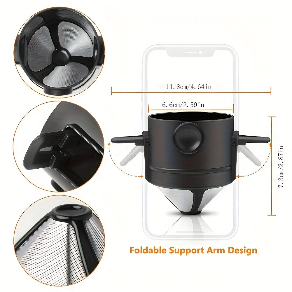 Filtro de Café Por Over Dobrável Portátil Reutilizável em Aço Inoxidável Infusor de Café e Chá Dripper Preto