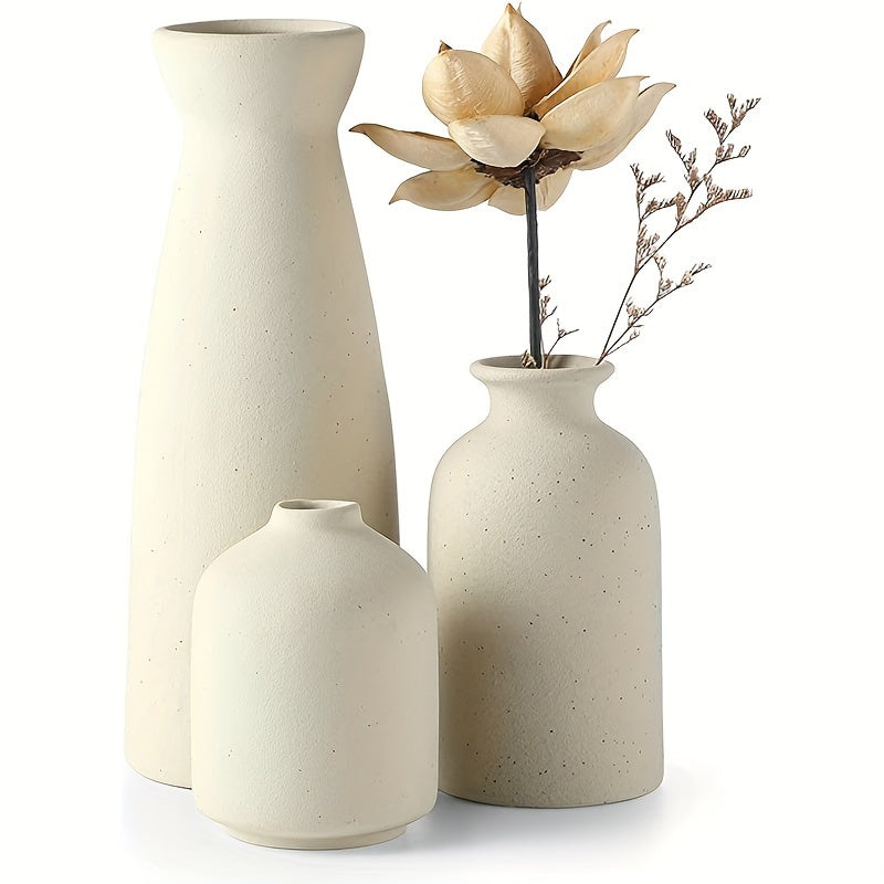Conjunto de 3 Vasos de Cerâmica Bohemian - Acabamento Fosco, Desenhos Geométricos e Florais para Decoração Elegante de Casa | Ideal para Sala de Estar, Entrada, Estante de Livros, Armário de Vinho, Expositor de TV, Vasos de Decoração para Casa