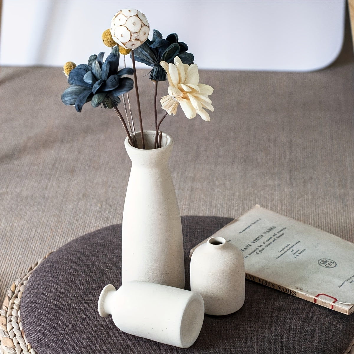 Conjunto de 3 Vasos de Cerâmica Bohemian - Acabamento Fosco, Desenhos Geométricos e Florais para Decoração Elegante de Casa | Ideal para Sala de Estar, Entrada, Estante de Livros, Armário de Vinho, Expositor de TV, Vasos de Decoração para Casa
