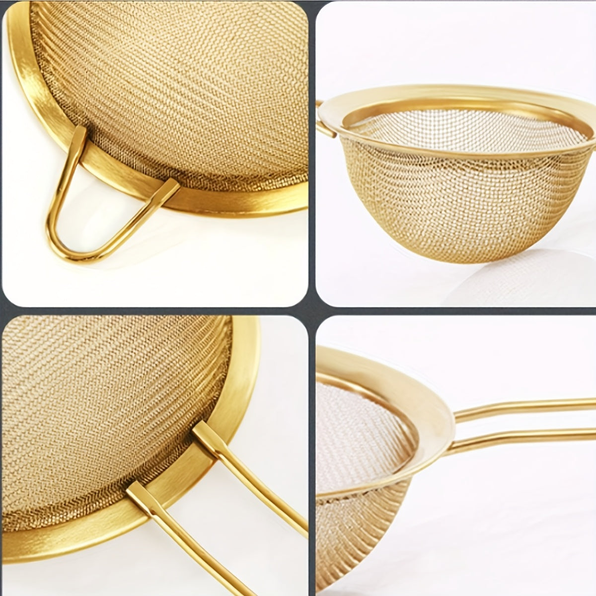 Conjunto de 3 Filtros de Malha Fina Dourada, Peneira de Farinha, Coador de Cozinha, Utensílios de Pastelaria, Acessórios de Cozinha, Utensílios de Cozinha, Ferramentas de Restaurante