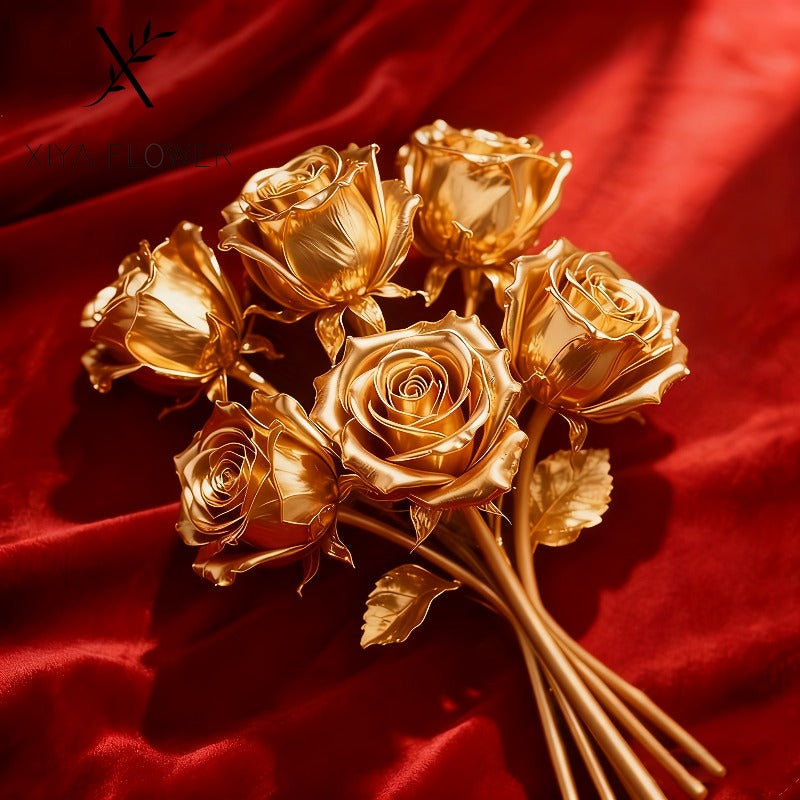 6 Rosas Douradas Artificiais, Arranjo Floral Falso Realista, Presentes para o Ano Novo, Dia dos Namorados, Dia da Mãe, Dia do Pai, Decorações para Festas de Aniversário e Convívios, Adequado para Exposição em Escritório e Jardim Exterior