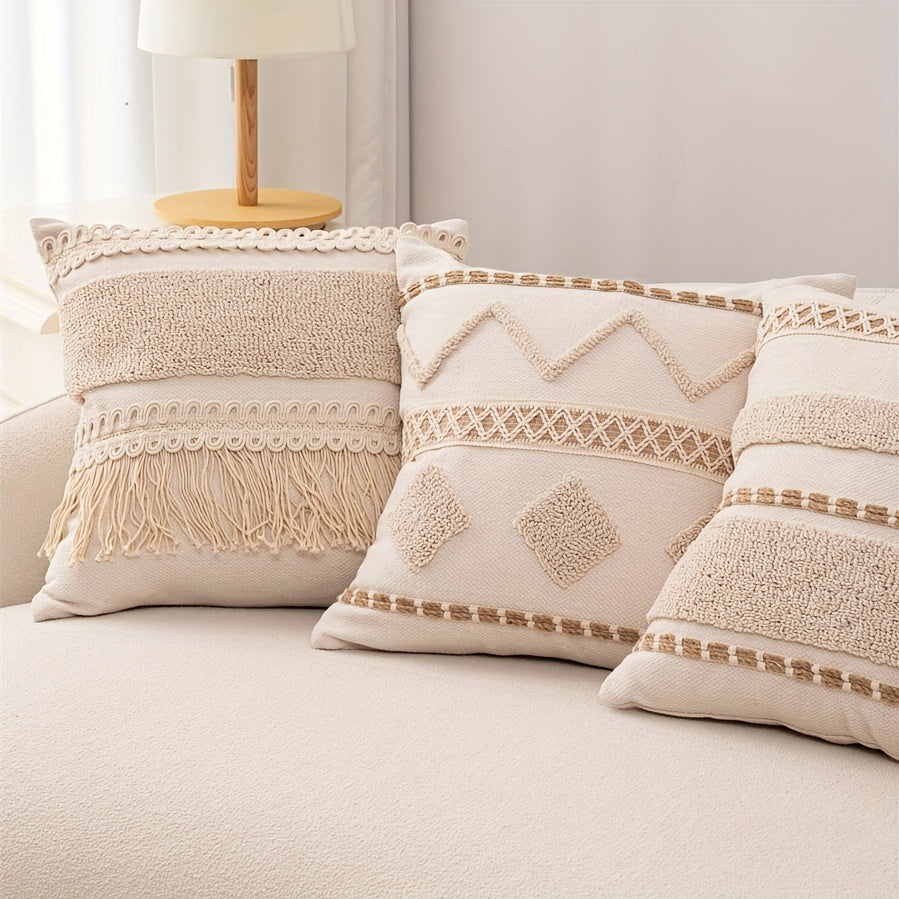 1pc Capa de Almofada Decorativa Bohemia Bordada - Design Geométrico Marroquino, 45.72x45.72 cm, Hipoalergênica para Sofá e Quarto, Fechamento com Zíper (Sem Enchimento), Tecido Texturizado Espesso, Decoração Rústica Champanhe para Sala e Quarto, Acessório para Cama ou Sofá