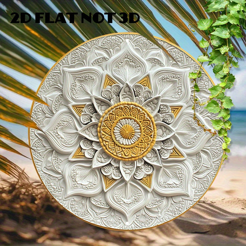 1 peça de arte de parede mandala de alumínio redondo de 8x8 polegadas - Design intrincado em ouro e branco, sinal de metal leve para casa ou escritório, acréscimo artístico para sala | Design mandala intrincado | Arte de parede de metal, arte de parede de metal