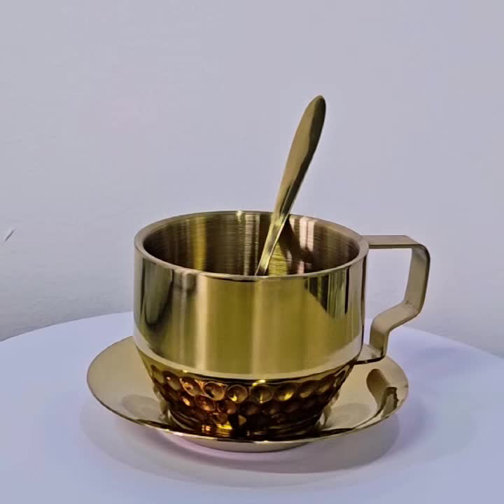 Conjunto de 3 Peças de Copos Premium em Aço Inoxidável Dourado | Inclui Copo, Prato e Colher, Ideal para Casa, Escritório, Cafés ou Lojas de Sobremesas, Capacidade de 150ml