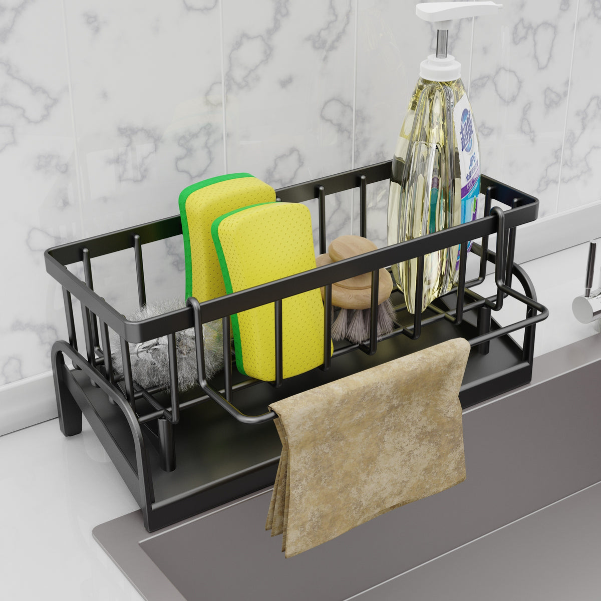 1 Conjunto de Pano de Louça de Plástico Versátil e Suporte de Esponja - Compacto, Robusto, Fácil de Limpar, Projetado para Montar em Torneiras - Ideal para Organizar e Armazenar em Cozinhas e Casas de Banho