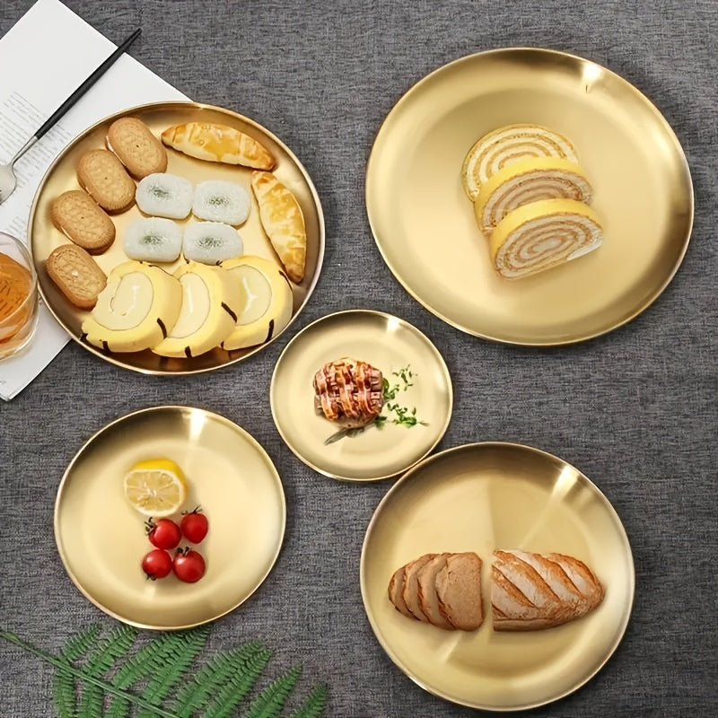 Conjunto de 6 Pratos de Jantar em Aço Inoxidável, Prato de Salada Dourado, Prato de Churrasco Coreano, Prato Principal Ocidental, Prato para Lanches e Sobremesas, Adequado para Restaurante e Uso Doméstico, Bandeja Multifuncional para Lanches e Prato para Ossos