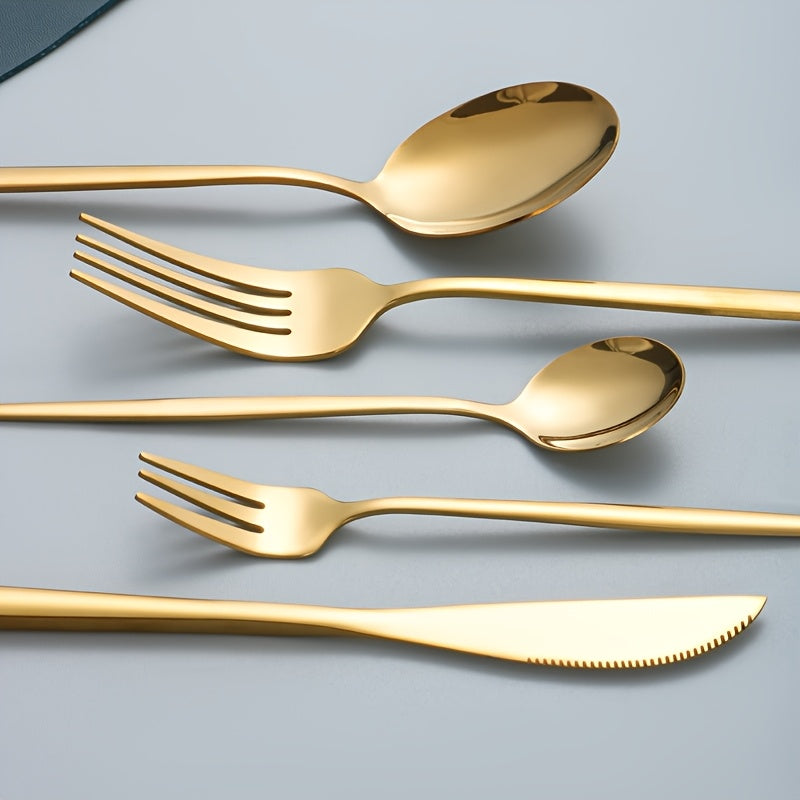 30 Peças de Talheres de Aço Inoxidável Dourado de Alta Resistência - Conjunto Elegante com Facas, Garfos, Colheres e Colheres de Sobremesa - Ideal para Casa, Casamentos, Festas, Restaurantes - Seguro para Lava-Louças, Aço 410