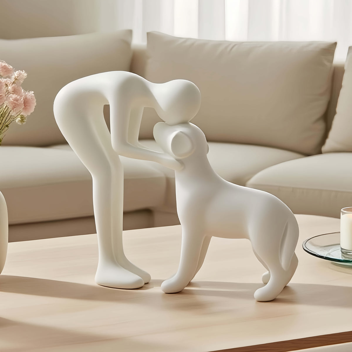 Figuras Colecionáveis, 1 Peça Escultura de Amizade Humano e Cão Preto e Branco - Presente Moderno e Minimalista para Amantes de Pets, Figura em Forma de Mão e Cachorrinho Sentado, Decoração de Plástico para Casa/Escritório/Prateleira no Natal, Hanukkah, Páscoa, Ação de Graças (Não Precisa de Eletricidade)