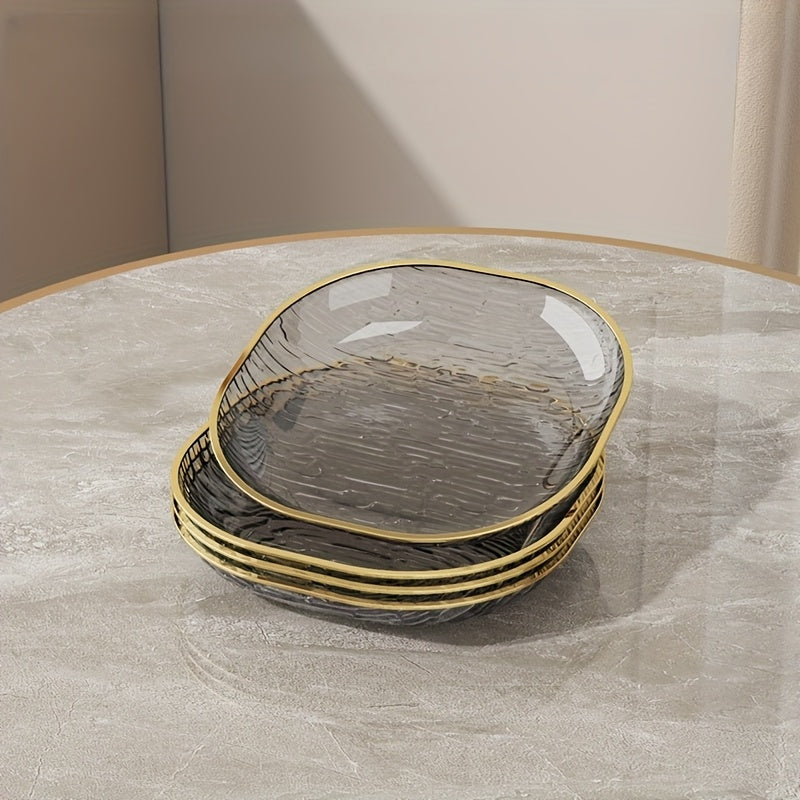 Conjunto de 4 Pratos Elegantes Transparentes para Snacks e Fruta com Borda Dourada, Fabricados com Materiais de Alta Qualidade para Alimentos, Formato Oval, Perfeitos para Refeições Familiares, Convívios e Todas as Estações, Adequados para Fruta, Snacks e Pratos de Servir.