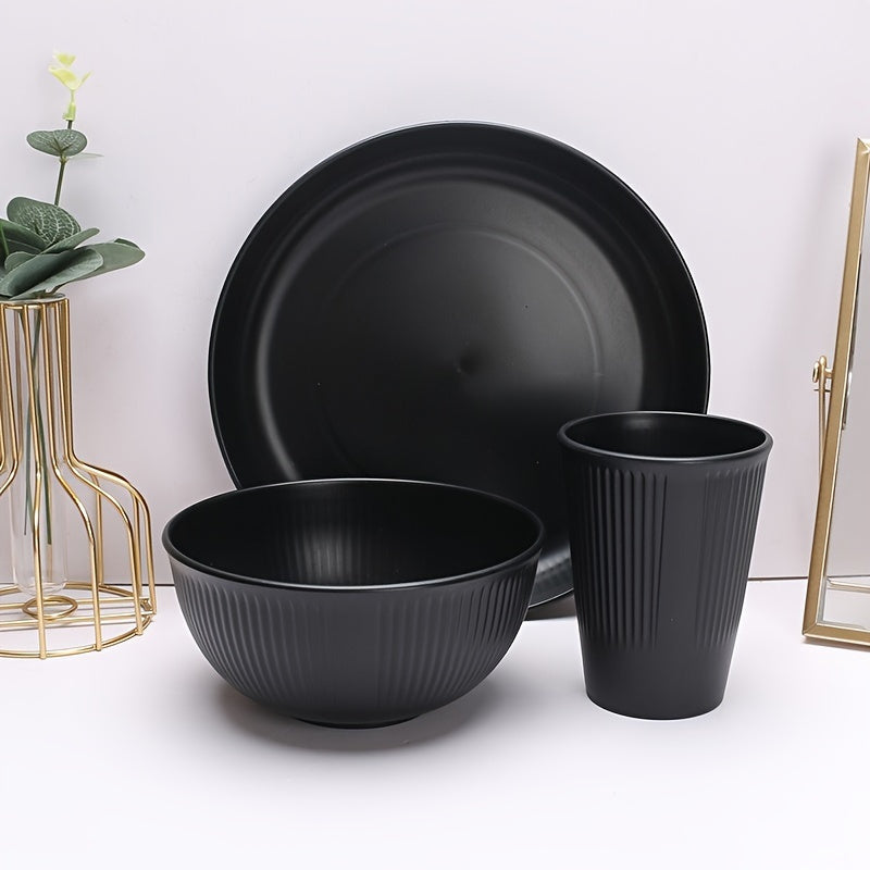 Conjunto de Louça de Palha de Trigo Preta de Alta Qualidade - Inclui Pratos, Tigelas & Copos para Uso Doméstico