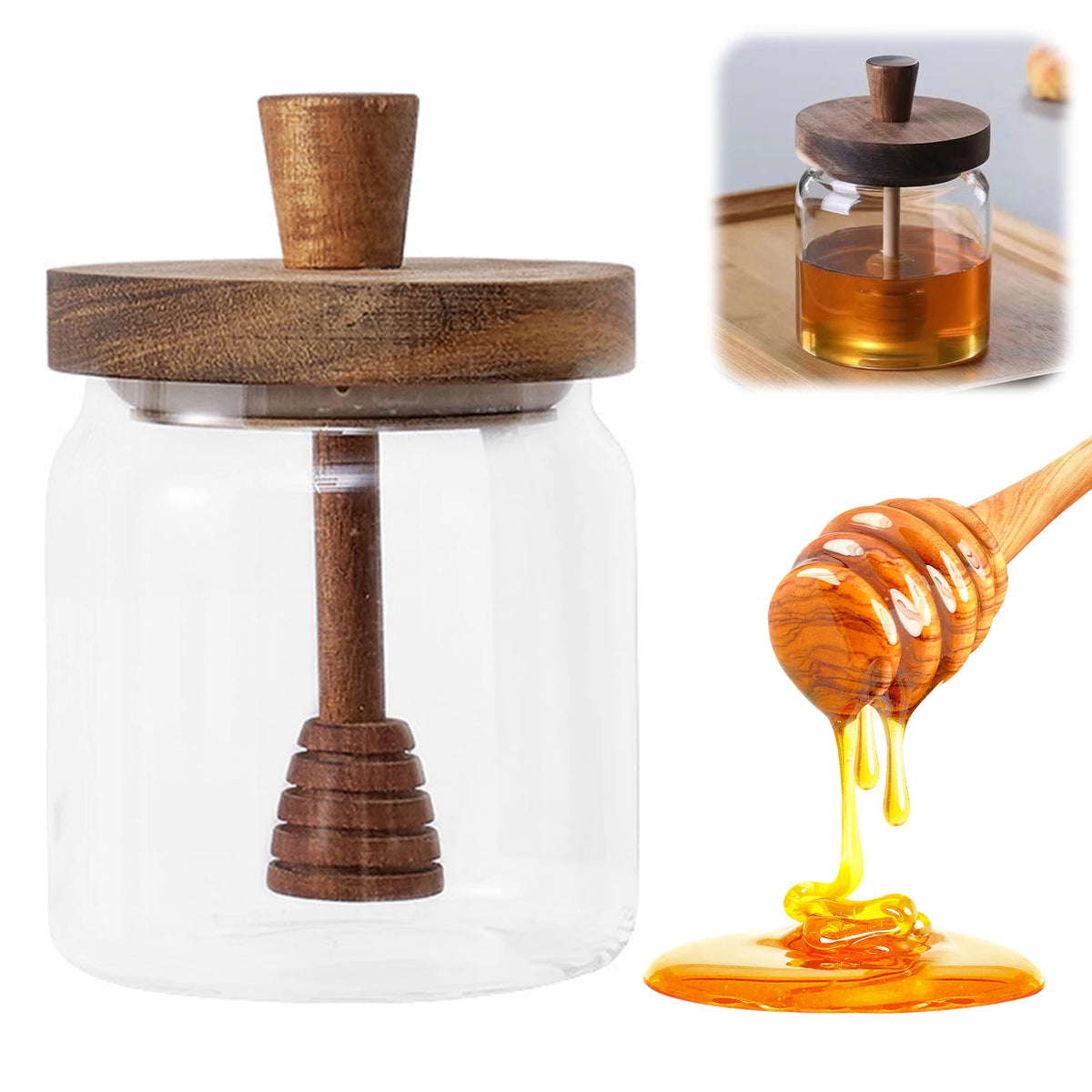 Glass Storage Bottles Honey Jars with Dipper and Lid Wide Mouth Honey Containers Syrup Dispenser for Storing Honey and Syrup