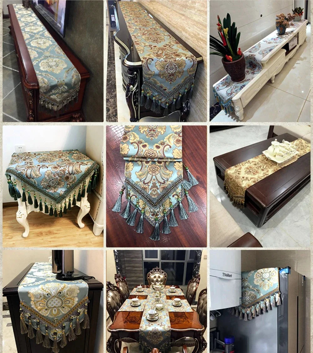 Beige Royal Luxury Jacquard Table Runner European Delicate Tassel Pendant Tablecloth Table Cover for Wedding Hotel Dinner Party