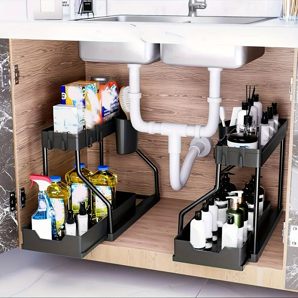 1Set Double Layer Storage Rack,Pull-out Storage Box, Cabinet Sink for Organizing and Organizing Storage Racks Kitchen Organizer