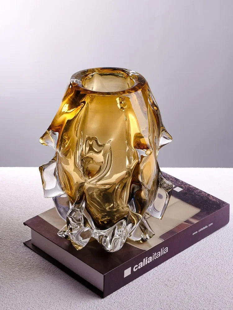 Jarrón luz luxo criativo vaso de vidro cristal transpant amarelo irregular vasos de flores decoração hogar ornamento mesa