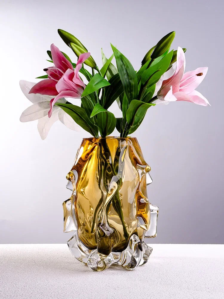 Jarrón luz luxo criativo vaso de vidro cristal transpant amarelo irregular vasos de flores decoração hogar ornamento mesa