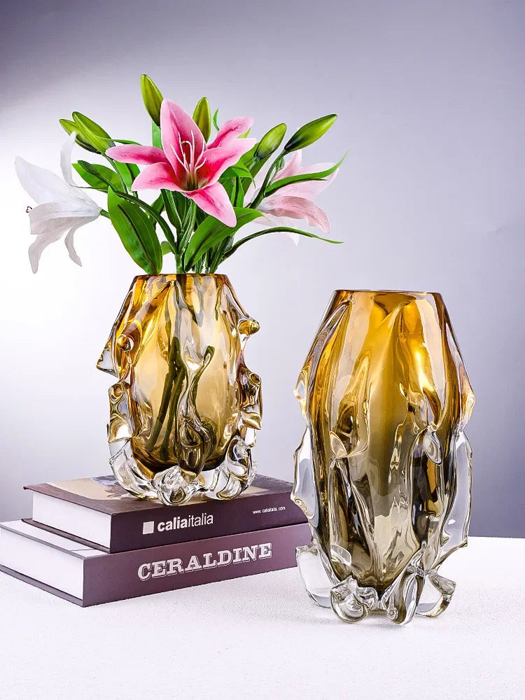 Jarrón luz luxo criativo vaso de vidro cristal transpant amarelo irregular vasos de flores decoração hogar ornamento mesa