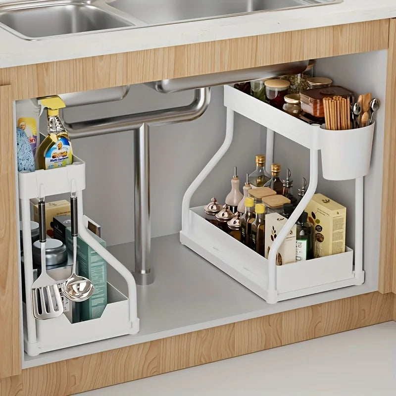 1Set Double Layer Storage Rack,Pull-out Storage Box, Cabinet Sink for Organizing and Organizing Storage Racks Kitchen Organizer