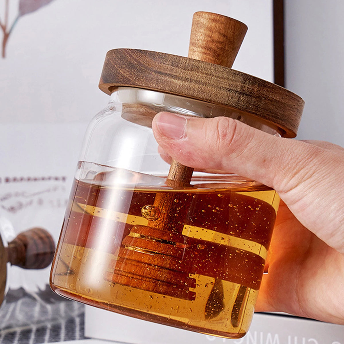 Glass Storage Bottles Honey Jars with Dipper and Lid Wide Mouth Honey Containers Syrup Dispenser for Storing Honey and Syrup
