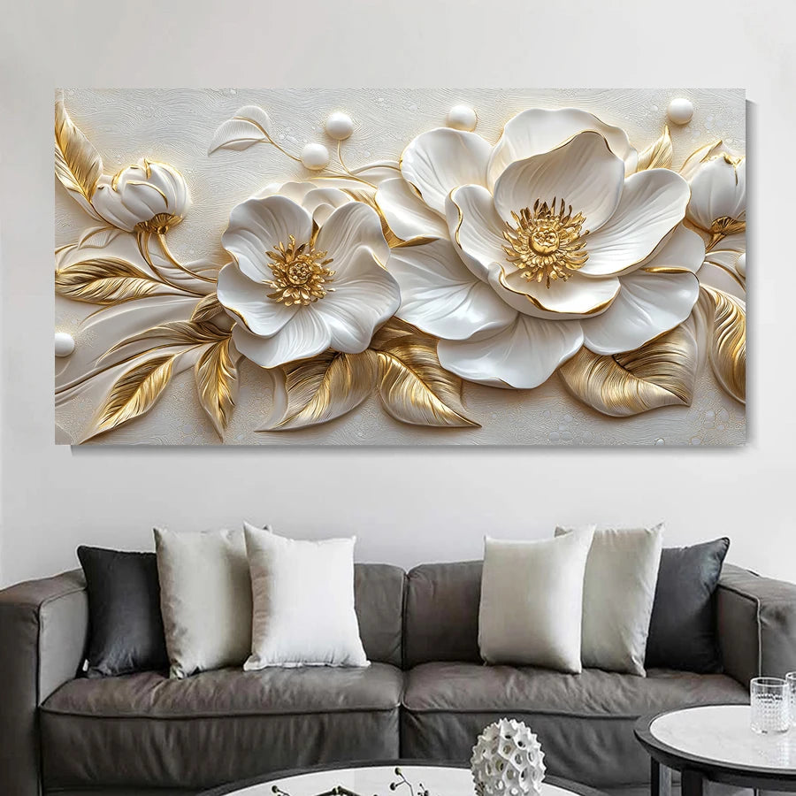 Quadro Floral Branco com Folhagens Douradas