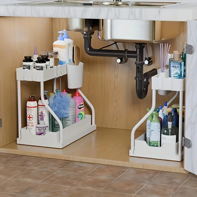 1Set Double Layer Storage Rack,Pull-out Storage Box, Cabinet Sink for Organizing and Organizing Storage Racks Kitchen Organizer
