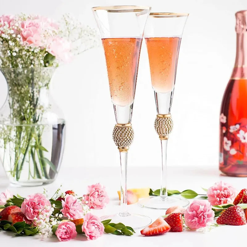 2Pcs Crystal Gold Rimmed Wine Glasses Set Elegant Rhinestone Diamond Decorative Long Stem Champagne Flutes Cocktail Glass Gifts