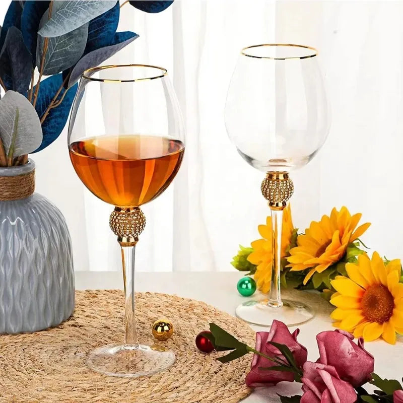 2Pcs Crystal Gold Rimmed Wine Glasses Set Elegant Rhinestone Diamond Decorative Long Stem Champagne Flutes Cocktail Glass Gifts
