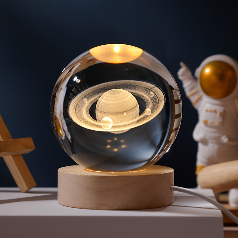 Cabo 3D Lua/Céu Cristal, Base de Madeira Cristal, Candeeiro de Noite Cristal Criativo, Decoração de Mesa, Presente de Natal