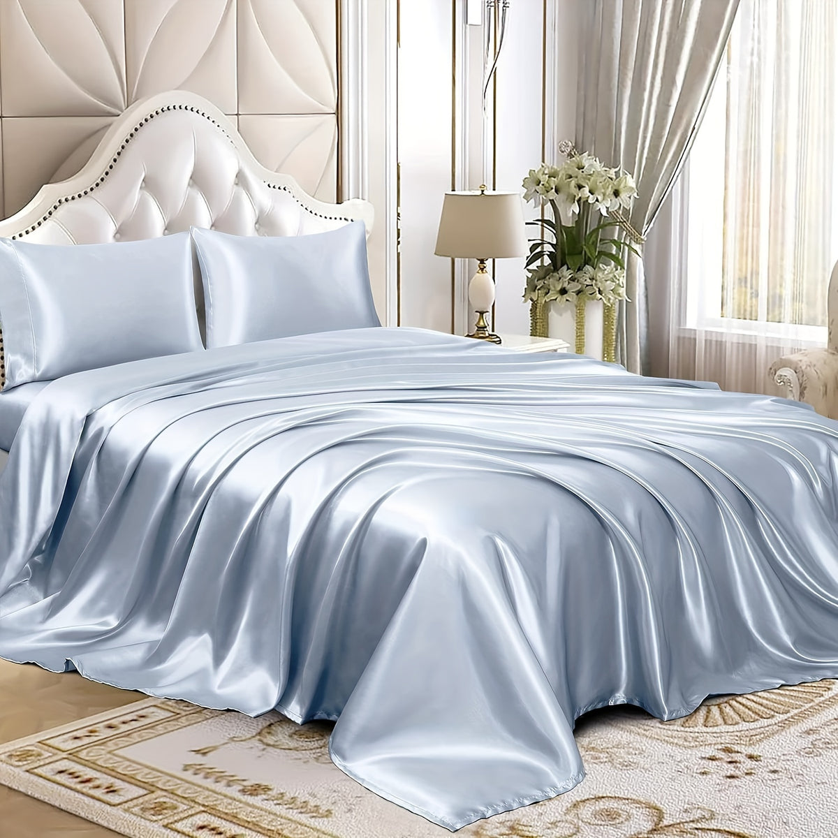 3/4 Peças de Lençol de Cetim - Cobertor de Cama Macio e Respirável, Luxuoso, Adequado para Quarto, Ajustável a Camas, Opções de Cores Múltiplas (Lençol, Cobertor Ajustável e Fronhas)