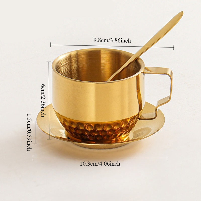 Conjunto de 3 Peças de Copos Premium em Aço Inoxidável Dourado | Inclui Copo, Prato e Colher, Ideal para Casa, Escritório, Cafés ou Lojas de Sobremesas, Capacidade de 150ml