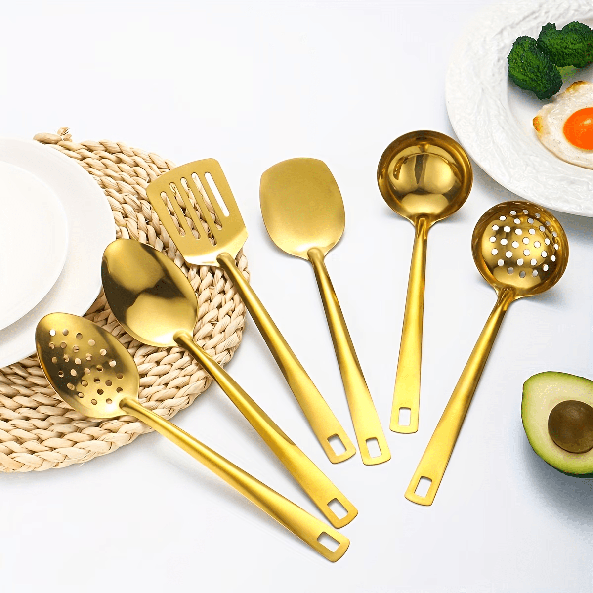 Conjunto de 6 Utensílios de Cozinha Dourados de Aço Inoxidável/Espátula Estilo Coreano, Concha de Sopa, Colher Furada/Conjunto de Utensílios de Cozinha para Casa para Sopa, Saltear e Fritar/Culinária Doméstica Essencial, Buffet, Restaurante, Banquete, Festa, Confeitaria e Servir/