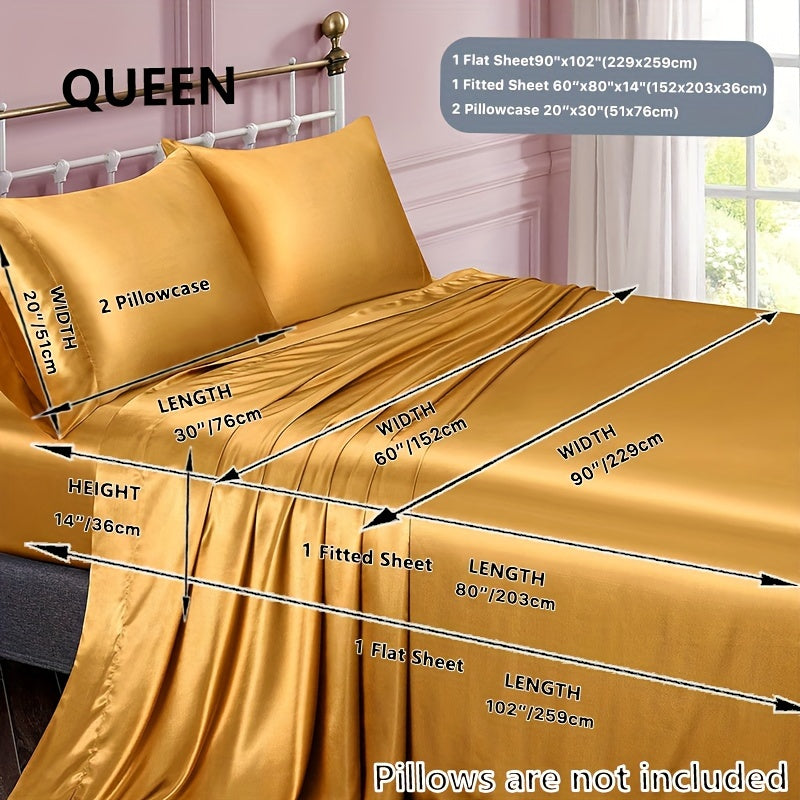 3/4 Peças de Lençol de Cetim - Cobertor de Cama Macio e Respirável, Luxuoso, Adequado para Quarto, Ajustável a Camas, Opções de Cores Múltiplas (Lençol, Cobertor Ajustável e Fronhas)