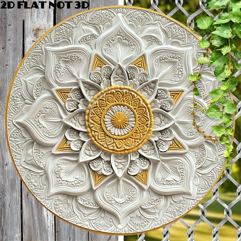1 peça de arte de parede mandala de alumínio redondo de 8x8 polegadas - Design intrincado em ouro e branco, sinal de metal leve para casa ou escritório, acréscimo artístico para sala | Design mandala intrincado | Arte de parede de metal, arte de parede de metal