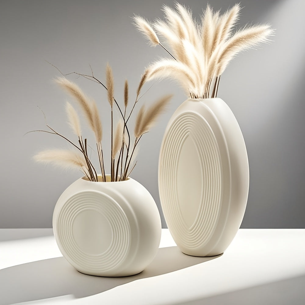 Conjunto de 2 Vasos de Cerâmica em Branco Leite Mate com Design Circular Ondulado, Leves e Inquebráveis, Adequados para Arranjos de Ramos Secos, Perfeitos para Entradas e Salas de Estar.